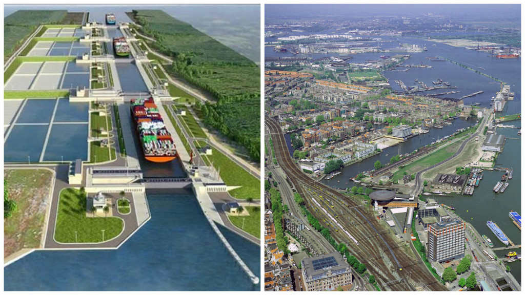 En el lado izquierdo, planes de construcción del canal en Nicaragua. A la derecha, una imagen aérea del puerto de Amsterdam, Holanda. 